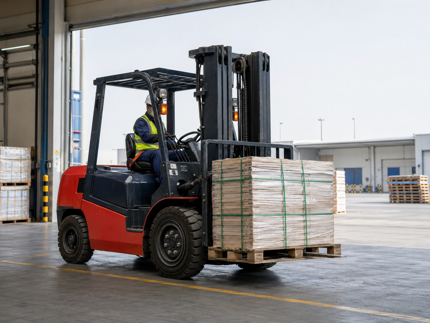Forklift handling palletized cargo in an industrial warehouse